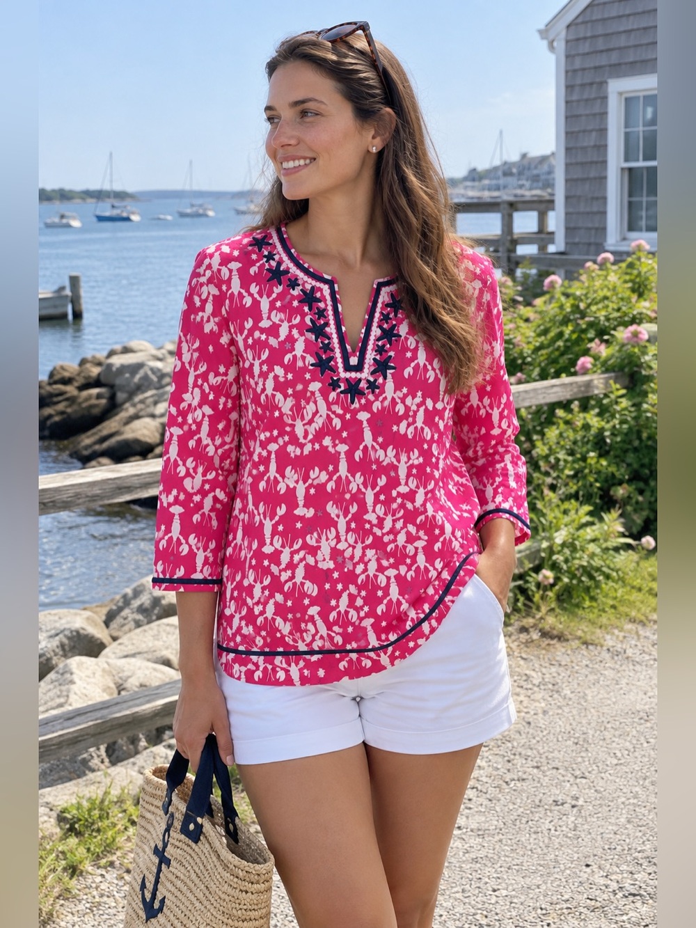 Talbots Pink Lobster Starfish Embroidered V-Neck Tunic Top XL-P